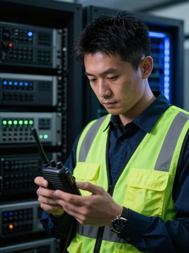 Professional Airwave Communication technician in a high-vis vest programming a two-way radio, focused expression, industrial background with server racks, dramatic low-key lighting with blue rim lights, 85mm.