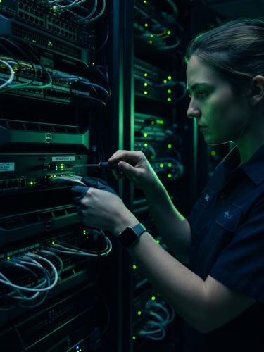 Technician adjusting a repeater in a server rack, sharp green rim light, deep navy tones, 85mm