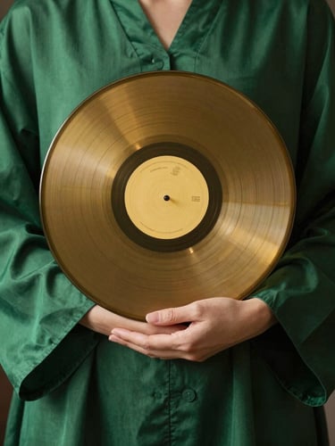 Portrait aspect ratio. A close-up of hands draped in heavy green silk holding a gold vinyl record, single candlelight source, deep soft shadows.
