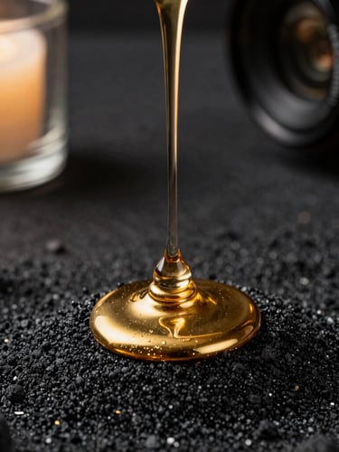 Portrait aspect ratio. Macro shot of liquid gold dripping slowly over black volcanic sand, high contrast, warm candle lighting, moody atmosphere.