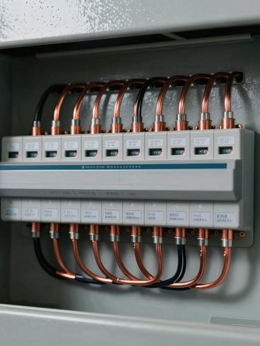 Macro photograph of a newly installed, perfectly organized electrical panel with straight, zip-tied copper wiring and clear labels, high contrast dramatic key lighting.