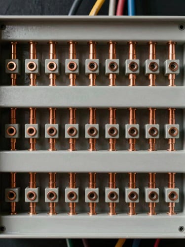 Macro shot of a pristine breaker panel with perfectly straight, neatly bundled zip-tied wiring, copper terminals catching sharp amber light, dark background.