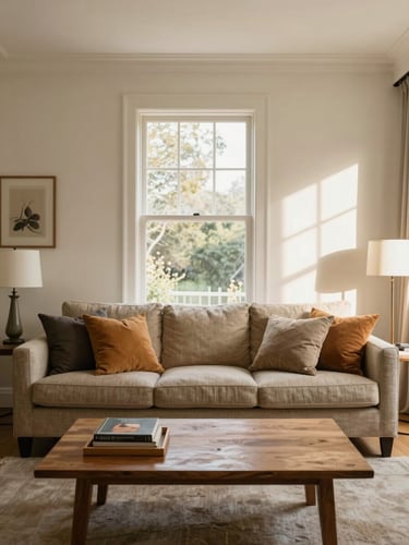 Wide portrait shot of a well-staged short-term rental living room — warm-toned throw pillows on a linen sofa, wood coffee table with a tray of books, natural daylight from a large window casting soft shadows on cream walls, clean and inviting, photographed straight-on to show full room appeal