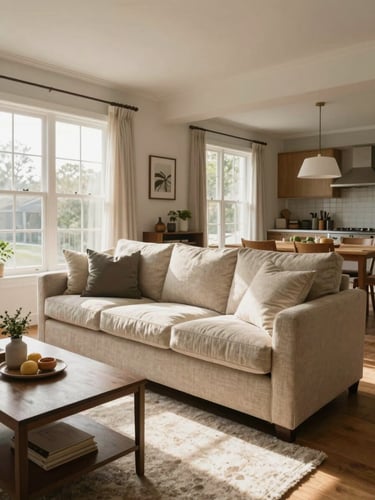Wide shot of a well-staged short-term rental living room, warm daylight through large windows, neutral linen sofa with accent pillows, clean sightlines to a dining area, furniture arranged to maximize perceived space and photography appeal