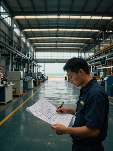 Wide-angle photograph of a modern factory floor in Asia, with a KORU Source quality assurance specialist meticulously inspecting architectural blueprints, subtle deep teal and gold tones, moody Pacific daylight, 35mm