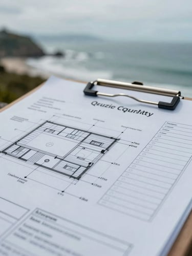 Close-up macro shot of technical architectural drawings and a quality control checklist on a clipboard, cool overcast daylight, sharp focus on structural annotations, 35mm.