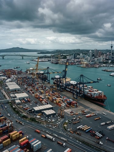 High-angle panoramic view of a modern deep-water container port in Auckland, moody overcast Pacific daylight, cool blue and deep teal tones, wide-angle 35mm composition.