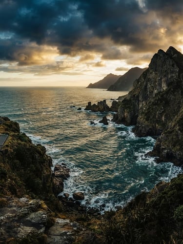 Dramatic New Zealand coastline at golden hour, deep teal ocean, rugged cliffs on the right, wide panoramic view, moody Pacific light, 35mm