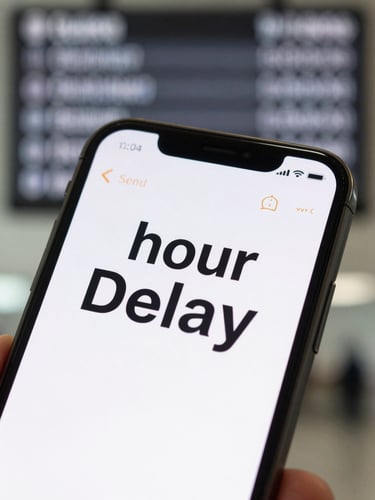 Close-up of a smartphone screen showing a real-time flight status notification confirming a two-hour delay, clean white app UI, soft digital light, no hands visible, airport departure board blurred in background
