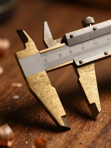 Macro photograph of precision brass calipers measuring a guitar neck fret height, warm side lighting, wood shavings in the background, shallow depth of field