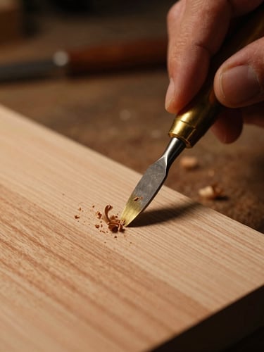 Extreme macro photograph of a luthier's hand scraping a spruce soundboard with a brass cabinet scraper, fine wood curls, warm low-key workshop lighting, dark background