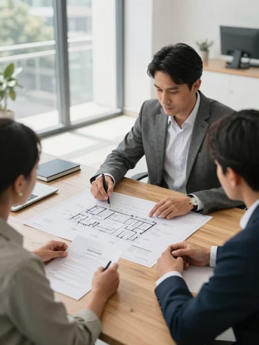 A professional consultation in a bright Gurugram office. A consultant and client review physical blueprints and property deeds on a wooden table, natural daylight, sharp focus.