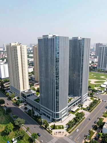 A bright daytime aerial architectural photograph of Golf Course Road in Gurugram, showcasing modern commercial and residential towers, wide roads, and green patches.