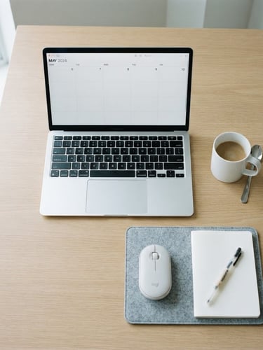 Overhead flat-lay of an organized minimalist desk, modern laptop showing a clean calendar, neutral bright daylight, sharp geometric composition, 35mm