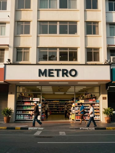 Wide environmental shot of a clean neighborhood supermarket storefront in Metro Manila, natural daylight washing the facade, organized signage above the entrance, a few community members walking in and out — shot from across the street at mid-morning, street-level perspective, warm golden light on the building exterior