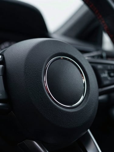 Immaculate close-up of a modern German car steering wheel badge, shallow depth of field, moody interior lighting.