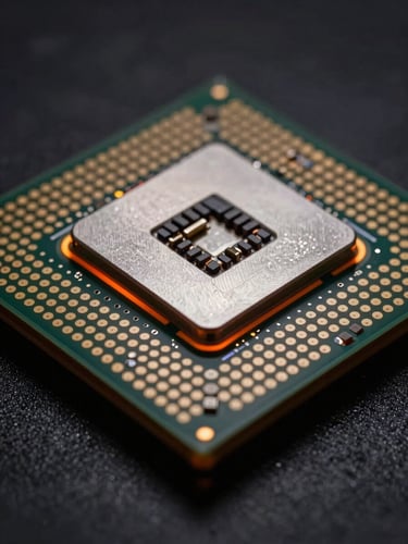 Macro photography of a mobile system-on-chip processor, raw titanium textures, sharp telemetry orange edge-lights, low-key high-contrast studio lighting, extreme close-up