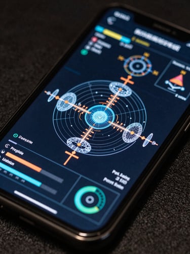 Extreme close-up wireframe render of complex game physics on a mobile screen, technical telemetry overlays, dark background