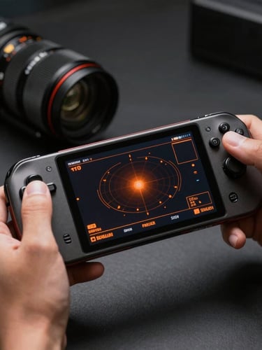 A close-up of hands holding a sleek handheld console in a dark room, sharp orange telemetry data overlaid on the glass screen