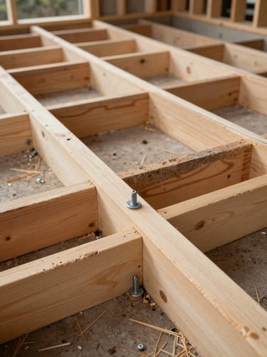 Close-up wide shot of timber framing phase — joists, rim boards, and anchor bolts visible in sequence, natural overcast light casting even shadows, no workers in frame, documentation framing showing material transition from foundation to floor system