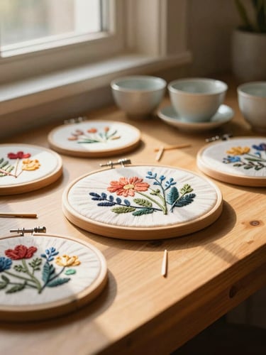 Cozy workshop table with colorful embroidery hoops, wooden needles, and ceramic tea cups, soft golden-hour window light casting long shadows, warm atmospheric editorial