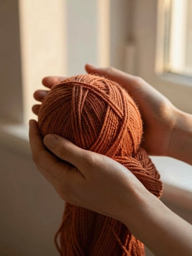 Warm editorial photography of a woman's hands gently holding terracotta-colored yarn, soft golden-hour window light, rich tactile textile textures, shallow depth of field