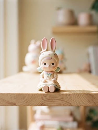 Soft-focus close-up of a pastel vinyl figure sitting on a light wooden shelf, warm morning window light, cream background, shallow depth of field, 35mm lens