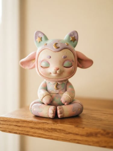 Soft-focus close-up of a rare pastel vinyl figure sitting on a warm wooden shelf, gentle morning light, shallow depth of field, cream background