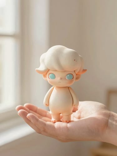 Hands gently holding a small, beautifully crafted pastel character figure, showing the premium texture and craftsmanship, warm morning light