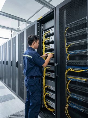 Wide angle shot of a uniformed technician terminating Cat6 cables in a commercial server rack, bright daylight from nearby windows, high contrast industrial tones.