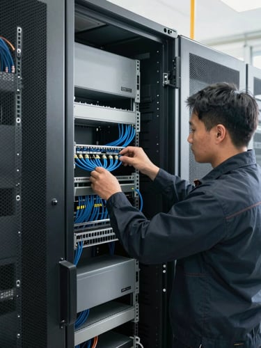 Medium shot of a professional network technician in a dark uniform carefully routing blue Cat6 cabling inside a clean commercial server rack, natural bright lighting