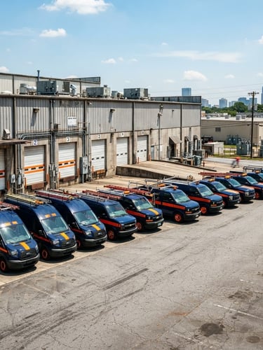 Wide panoramic daylight shot of navy and safety orange branded fleet vehicles parked outside a commercial warehouse in Atlanta, heavy contrast, industrial tones.