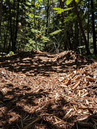 Wide environmental shot of a reclaimed forest understory, sunlit trees casting long shadows on a fresh, clean mulch bed, zero debris piles