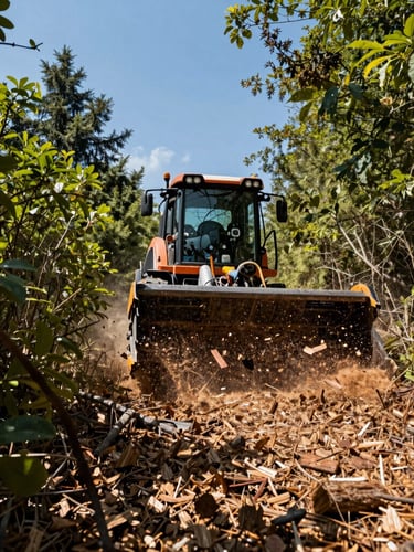 Low-angle dynamic shot of a high-flow forestry mulcher clearing dense brush in harsh direct sunlight, flying woodchips, rugged outdoor photography.