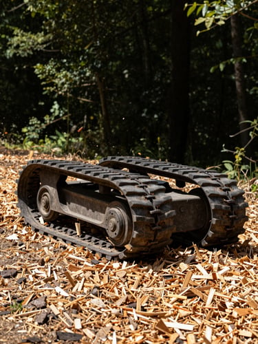 Close-up shot of heavy rubber tracks pressing lightly into a fresh bed of woodchips, harsh direct sunlight highlighting the textured mulch, deep forest background