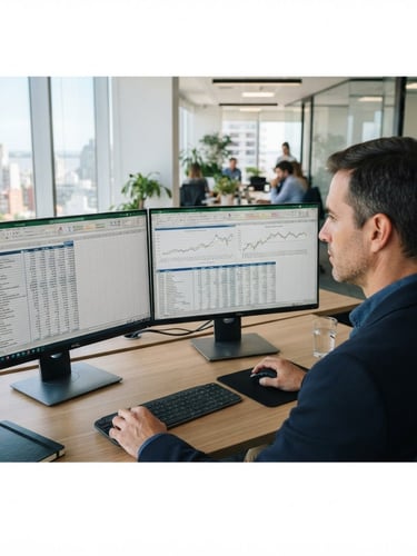 Over-the-shoulder shot of a professional analyzing financial spreadsheets on a dual monitor setup in a bright Montevideo office, natural window light, 35mm