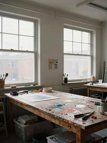 Wide environmental shot of a working artist studio interior, north-facing windows casting even daylight across a workbench with tools and in-progress pieces, paint-marked surfaces and raw materials visible, no people present