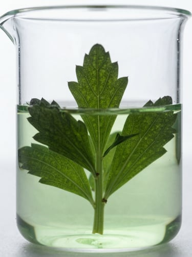 Macro shot of botanical specimens inside a clear glass laboratory beaker, sharp clinical lighting, deep forest green liquid, high contrast, sterile white background.