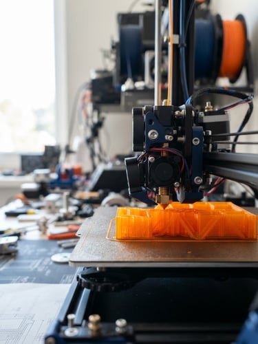 Close-up of a high-precision 3D printer nozzle extruding bright orange filament, technical workshop background, sharp focus, architectural blueprint aesthetic.