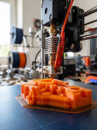 Close-up of a high-precision 3D printer nozzle extruding bright orange filament in a modern workshop, sharp focus on the physical layers, natural window light.