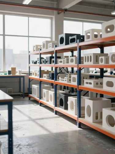 Wide environmental shot of an organized modern fabrication workshop, industrial shelves with prototypes, bright window light casting long shadows on concrete floor.