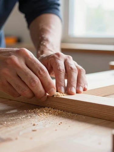 Hands of an artisan carefully sanding a wooden joint at a workbench, sawdust catching the bright morning light from a nearby window, shallow depth of field.