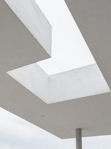 Vue en contre-plongée d'un faux-plafond en Gyproc blanc avec luminaires intégrés, lignes géométriques parfaites, lumière naturelle diffuse.