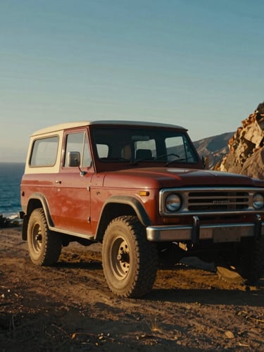 Cinematic low-angle shot of a vintage 4x4 driving along the rugged Pacific Coast Highway in California, deep blue ocean, golden hour light, 35mm film style.