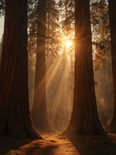 Cinematic wide shot of giant sequoia trees in Yosemite National Park, warm sunbeams filtering through the branches, dusty air, majestic natural scale.