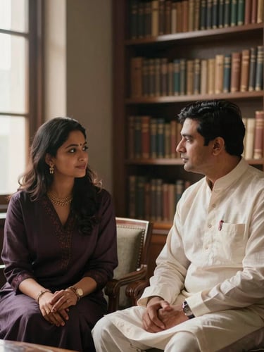 Elegant candid portrait of a professional Kayastha couple sitting in a sunlit, dignified library, sharing a respectful conversation, warm editorial photography, soft natural window light, 35mm