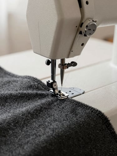 Close-up of a modern industrial sewing machine stitching a heavy charcoal wool fabric, sharp focus on the needle and thread, soft natural daylight, editorial fashion photography style