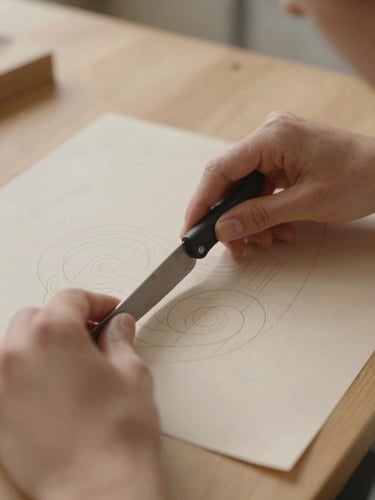 Close-up of elegant hands cutting a paper pattern on a wooden table, soft natural daylight, warm sand tones, shallow depth of field