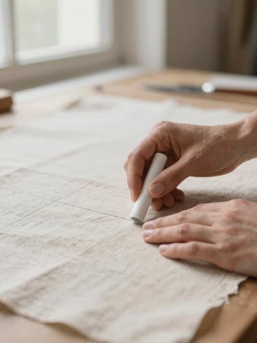 Close-up of experienced hands using a vintage tailor's chalk to trace lines on natural beige linen fabric, soft morning light filtering through an atelier window, shallow depth of field.