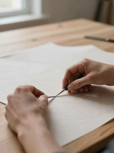 Hands of a skilled artisan carefully cutting a paper clothing pattern on a large wooden table, soft natural light coming from a window, shallow depth of field, 35mm